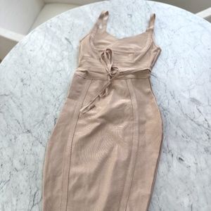 Fashion Nova Nude Bandage Dress with Bow Waist Detail NWOT